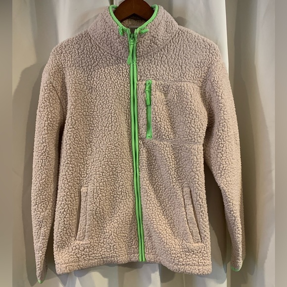 Pink VS Sherpa Teddy Zip Up Jacket Coat Cream‎ Tan Neon Green size small - Picture 1 of 6